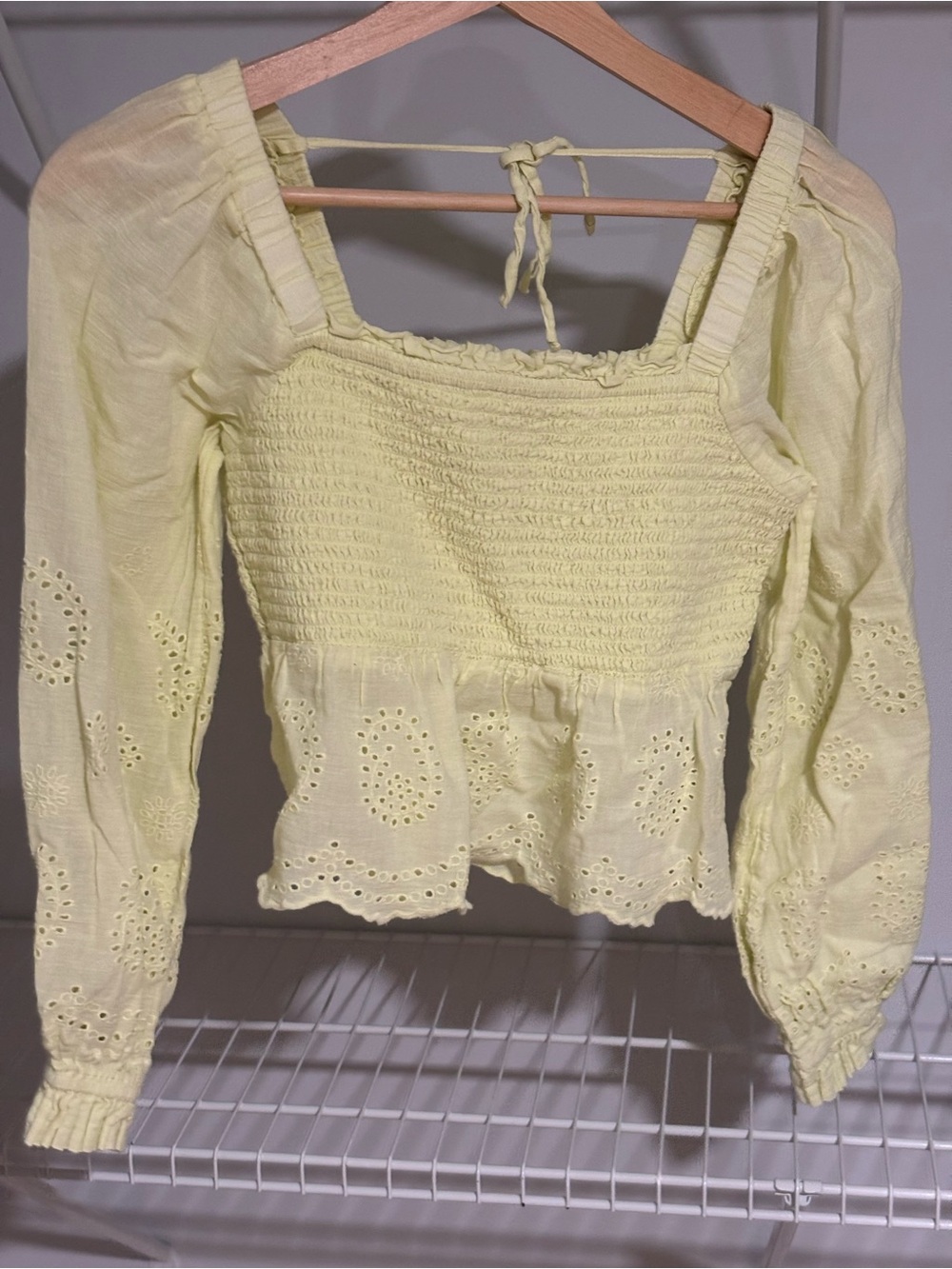 American Eagle Outfitters Pale Yellow Eyelet Smocked Peplum Top